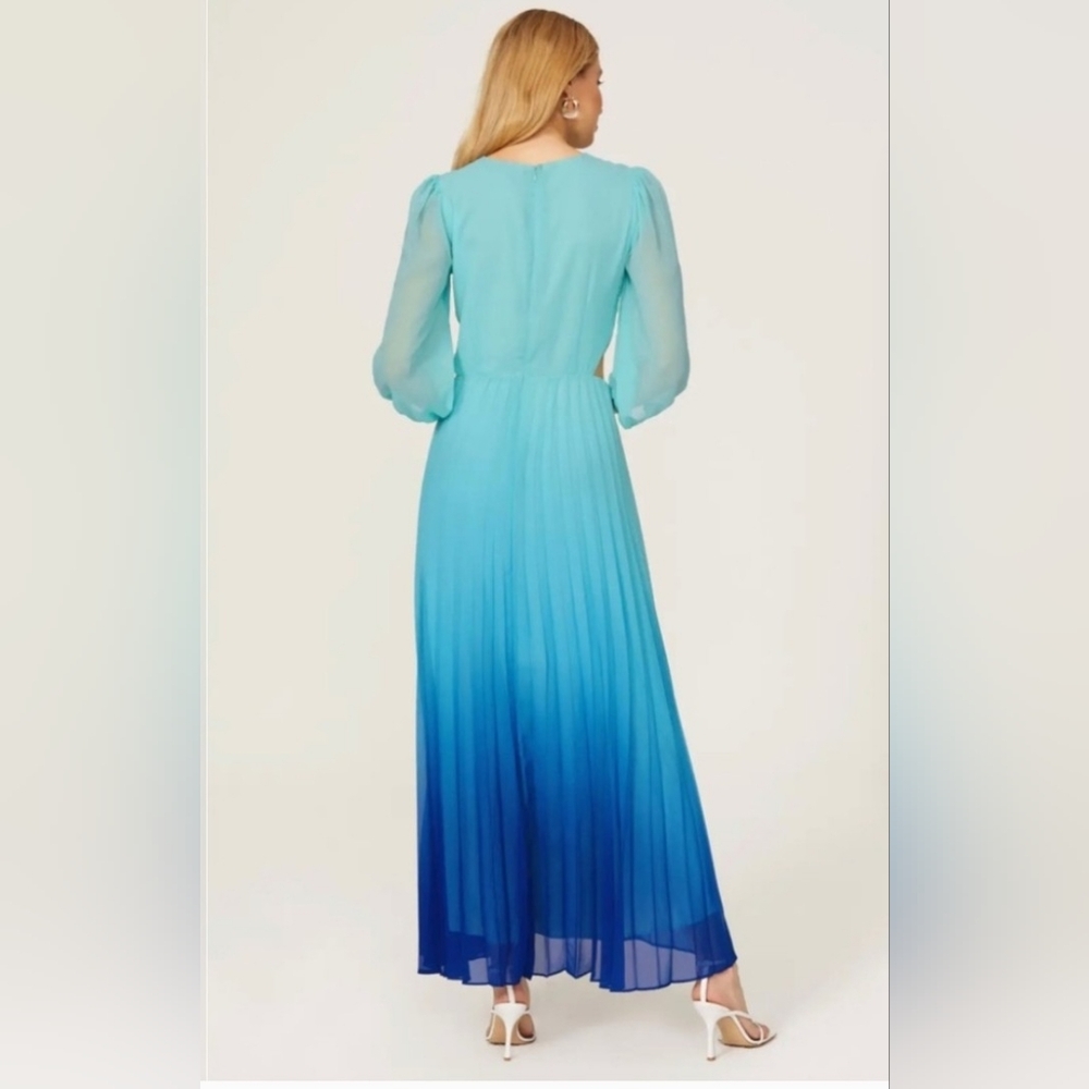 Rachel Roy Blue Fade Long Sleeve Dress With Curve Neckline Maxi Pleated Skirt - Picture 3 of 11